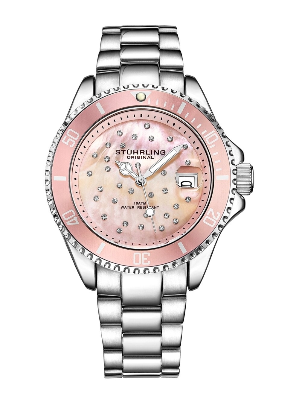 💖Stuhrling Original Silver Bracelet Watch with Pink Mother-of-Pearl Dial